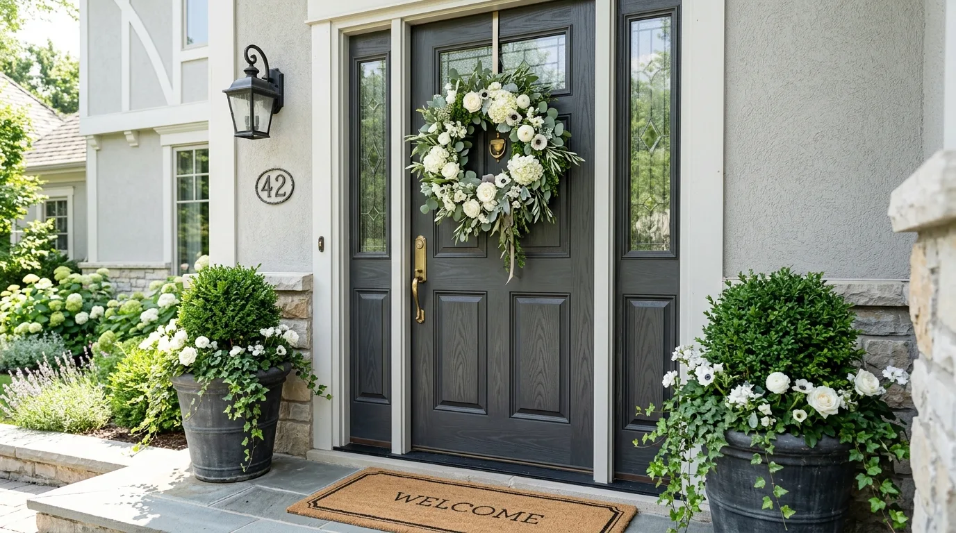 Elegant white floral wreath for spring front door